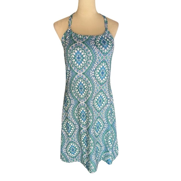 Prana Quinn Racerback Blue and Green Artsy Patterned Halter Dress Women Size M - Picture 1 of 8